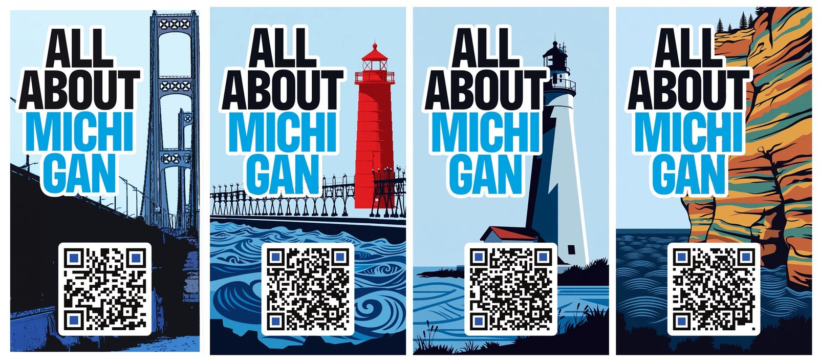 All four stickers in the All About Michigan landmark series, lined up in a row