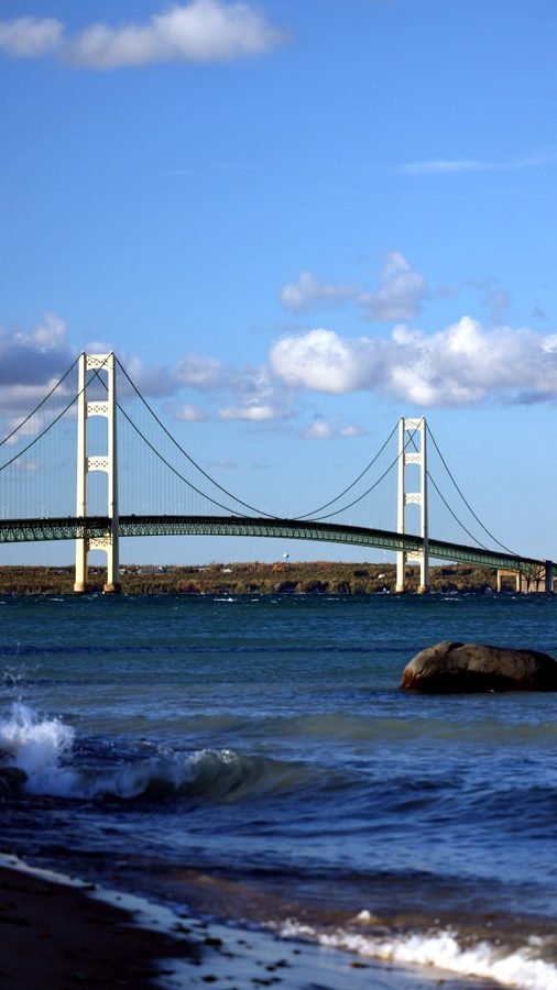 The Mackinac Bridge against a bright blue sky