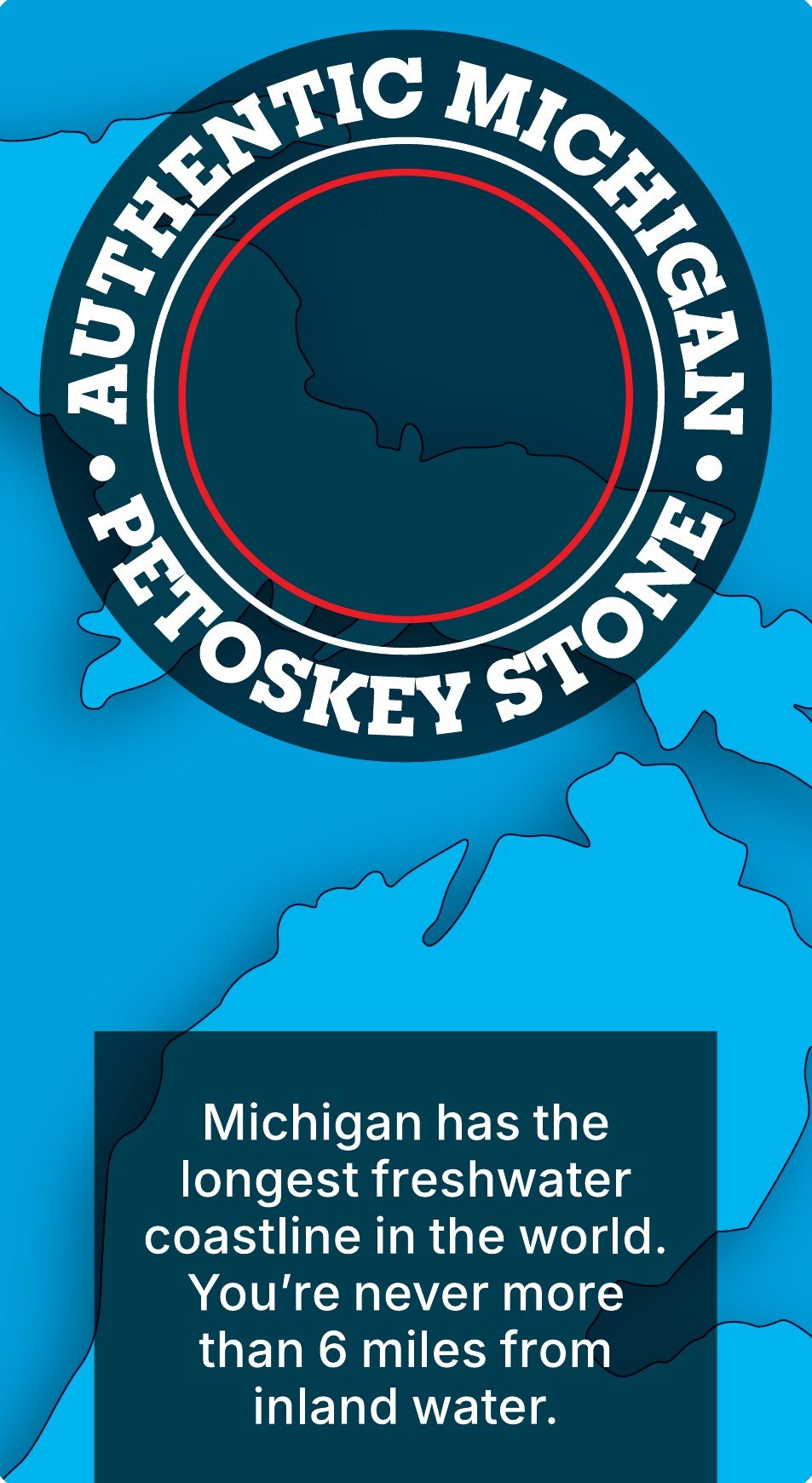 The back of an All About Michigan sticker, featuring the Petoskey stone