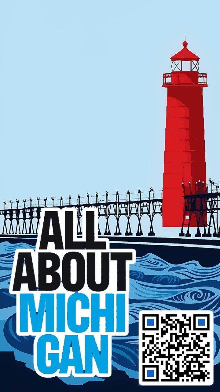 The All About Michigan Grand Haven sticker — the red lighthouse